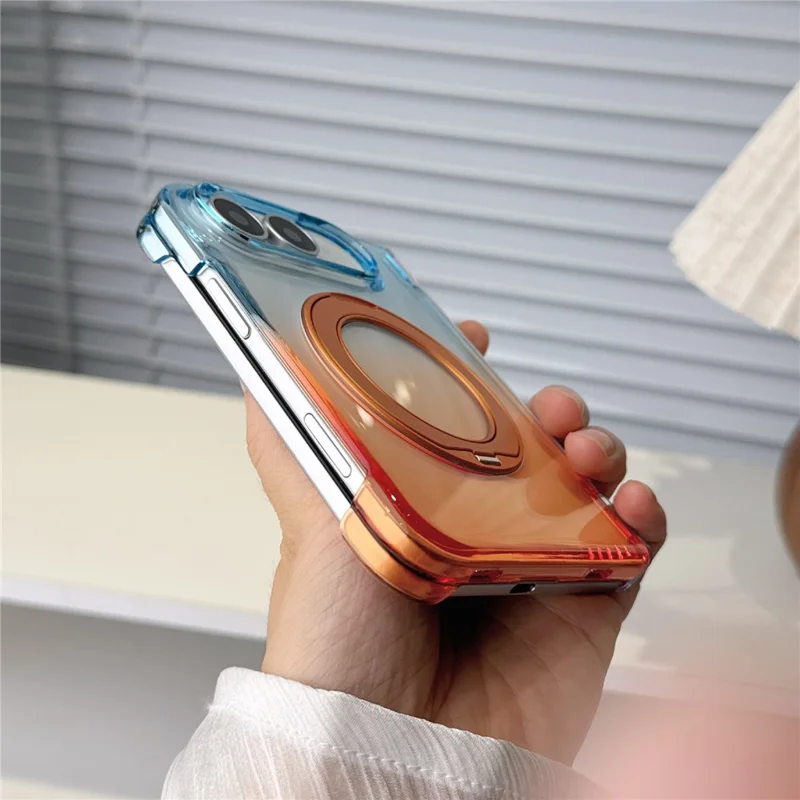 For iPhone Duo Case Rotating Kickstand Gradient Clear PC Shockproof Folding Phone Cover - Orange