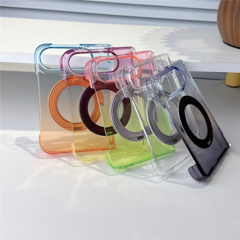 For iPhone Duo Case Rotating Kickstand Gradient Clear PC Shockproof Folding Phone Cover - Orange
