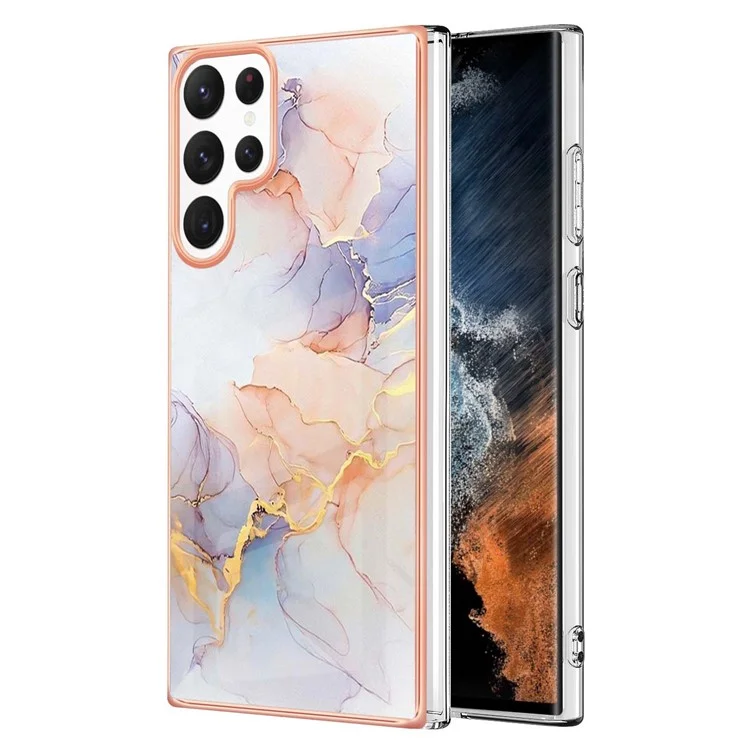 YB IMD Series-1 para Samsung Galaxy S23 Ultra Marble Floral Pattern IMD Phone Case Armação Eletroplastada Proteção contra Quedas Capa TPU - Milky Way Marble White