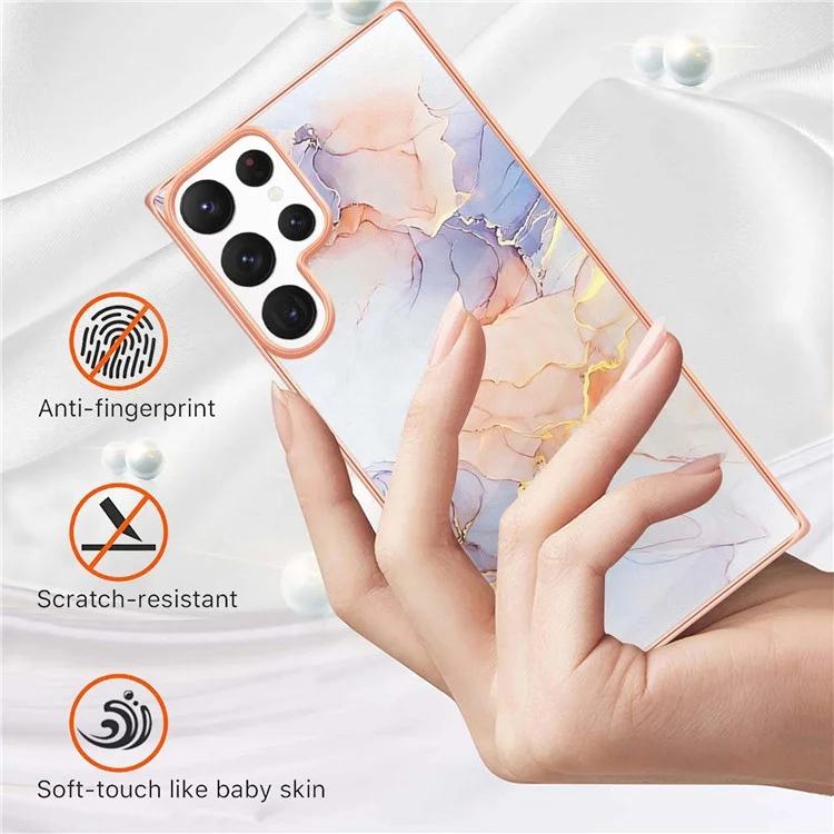 YB IMD Series-1 para Samsung Galaxy S23 Ultra Marble Floral Pattern IMD Phone Case Armação Eletroplastada Proteção contra Quedas Capa TPU - Milky Way Marble White