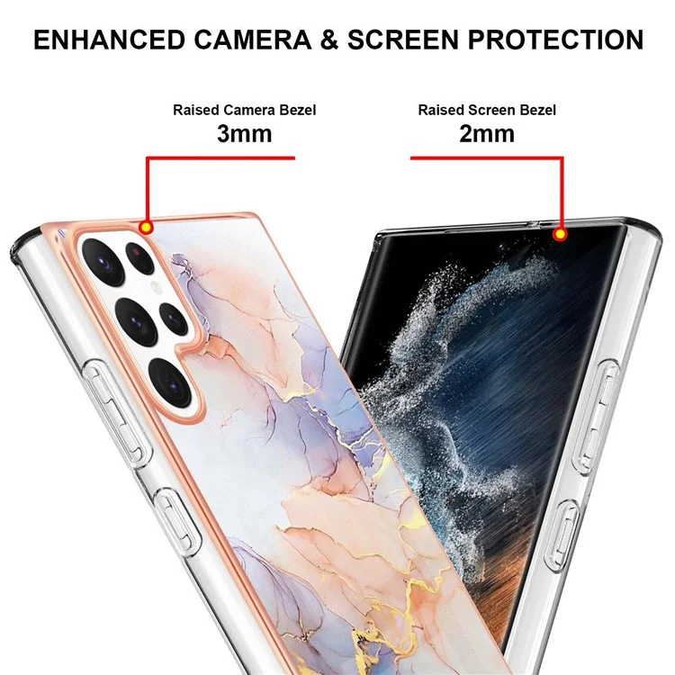 YB IMD Series-1 para Samsung Galaxy S23 Ultra Marble Floral Pattern IMD Phone Case Armação Eletroplastada Proteção contra Quedas Capa TPU - Milky Way Marble White