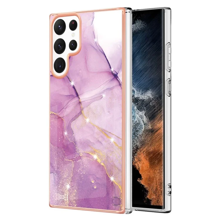 Pour Samsung Galaxy S23 Ultra YB IMD Series-2 Marble Pattern IMD Phone Case Electroplating Frame Anti-scratch Soft TPU Cover - Purple 001