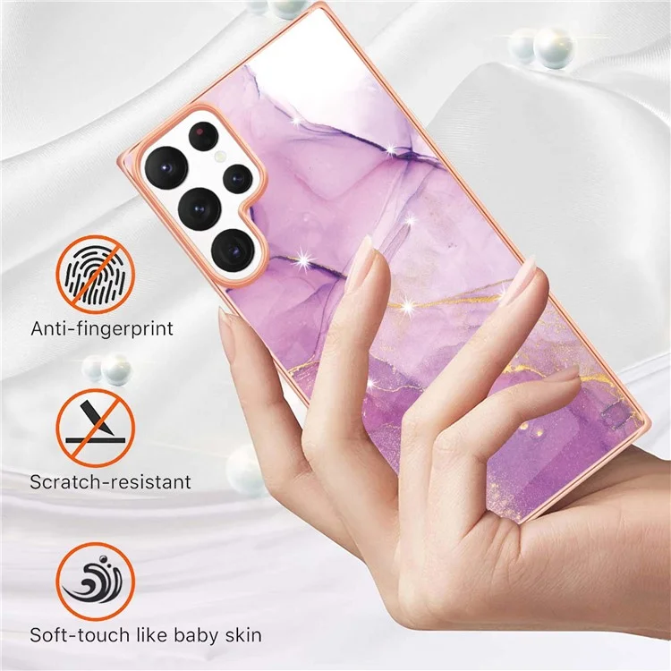 Pour Samsung Galaxy S23 Ultra YB IMD Series-2 Marble Pattern IMD Phone Case Electroplating Frame Anti-scratch Soft TPU Cover - Purple 001