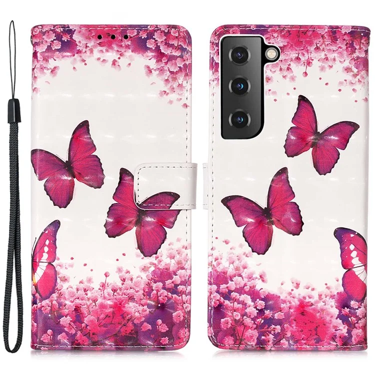 For Samsung Galaxy S23+ Leather Case 3D Pattern Printing Wallet Stand Mobile Cover with Strap - Rose Butterflies