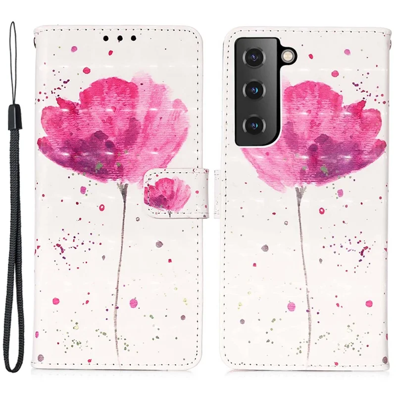 For Samsung Galaxy S23+ Leather Case 3D Pattern Printing Wallet Stand Mobile Cover with Strap - Flower