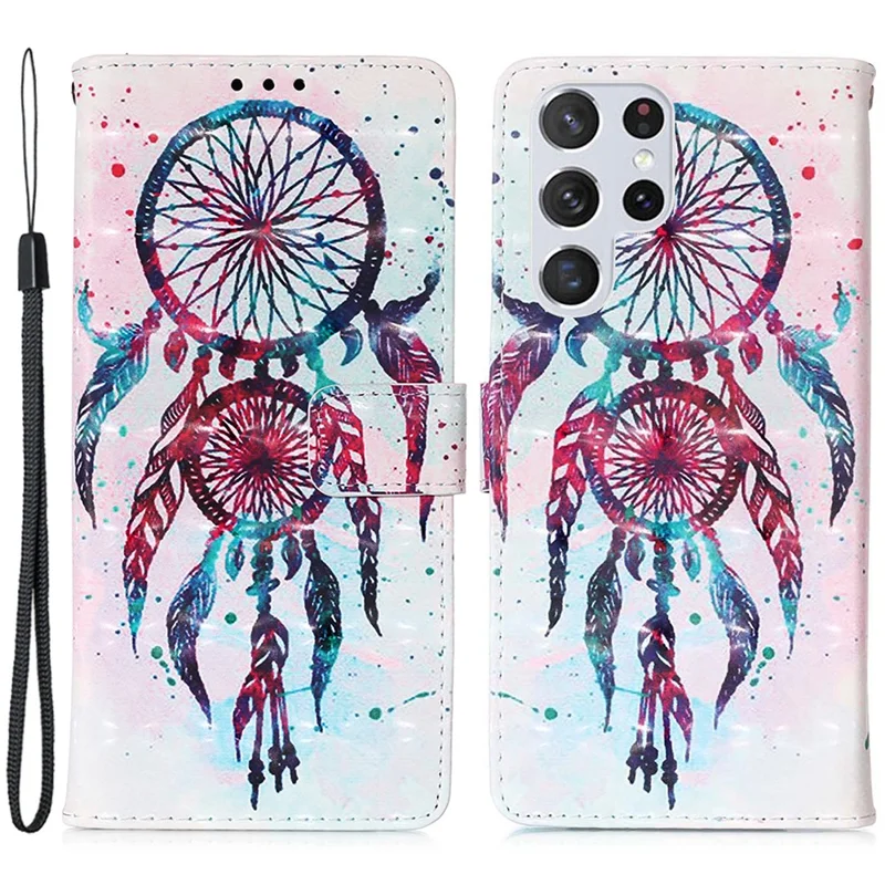 For Samsung Galaxy S23 Ultra Leather Case 3D Pattern Printing Wallet Stand Mobile Cover with Strap - Colorful Wind Chime