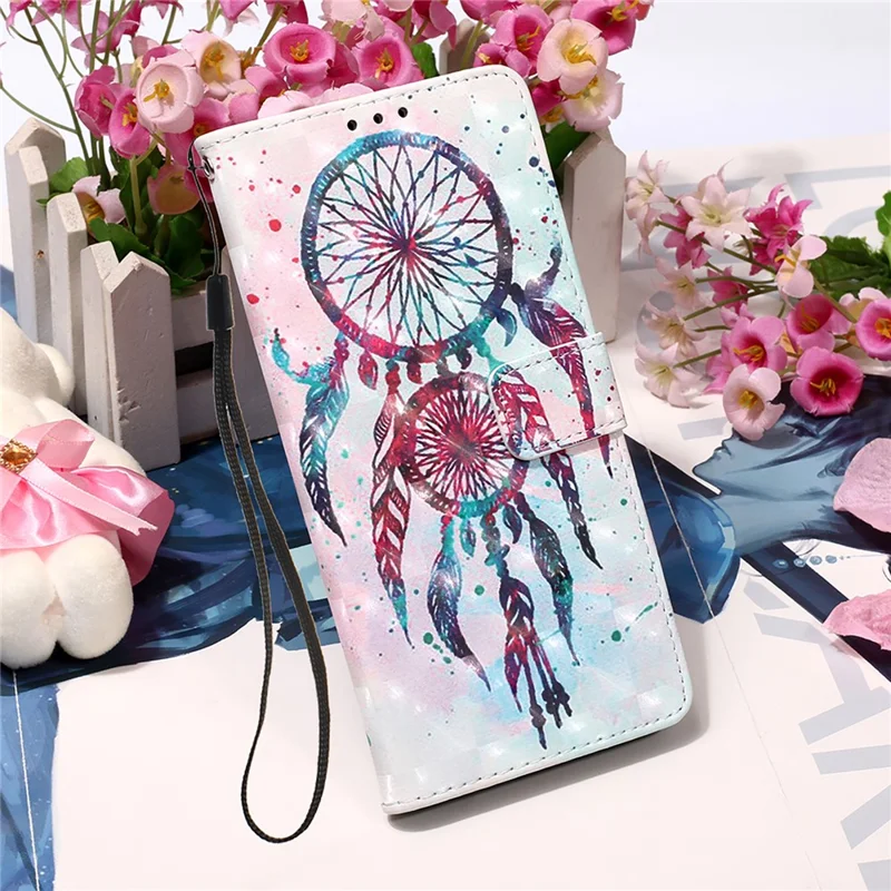 For Samsung Galaxy S23 Ultra Leather Case 3D Pattern Printing Wallet Stand Mobile Cover with Strap - Colorful Wind Chime