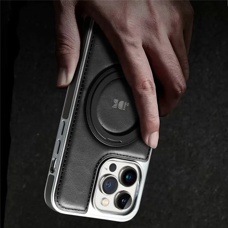 JINDUKA J9 For iPhone 15 Pro Max Magnetic Case Rotating Kickstand Electroplated Leather Coated TPU + PC Cover - Black