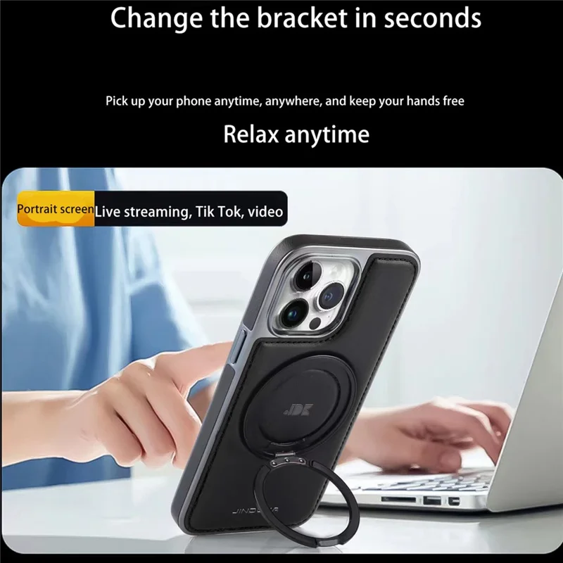 JINDUKA J9 For iPhone 14 Pro Magnetic Case Rotating Kickstand Electroplated Leather Coated TPU + PC Cover - Black