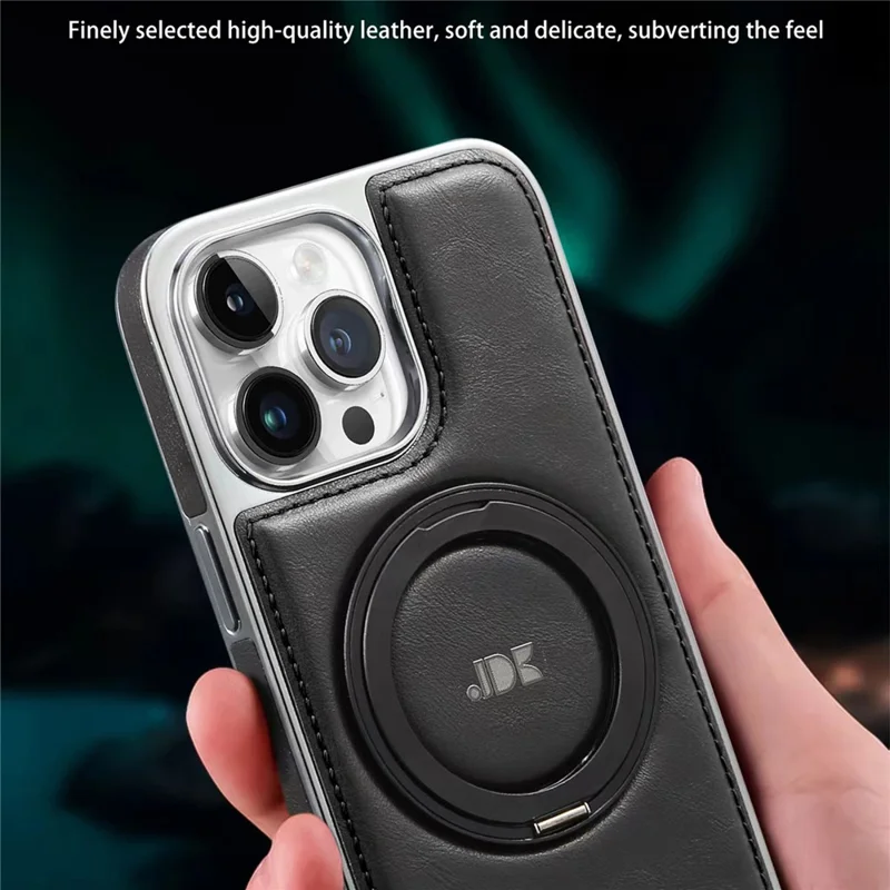 JINDUKA J9 For iPhone 14 Pro Magnetic Case Rotating Kickstand Electroplated Leather Coated TPU + PC Cover - Black