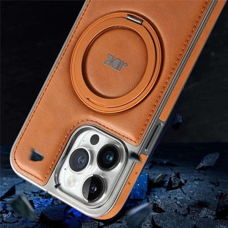 JINDUKA J9 For iPhone 14 Pro Magnetic Case Rotating Kickstand Electroplated Leather Coated TPU + PC Cover - Black