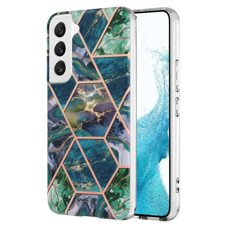 For Samsung Galaxy S23 Case Splicing IMD Marble Pattern Electroplated TPU Back Cover - Blue / Green