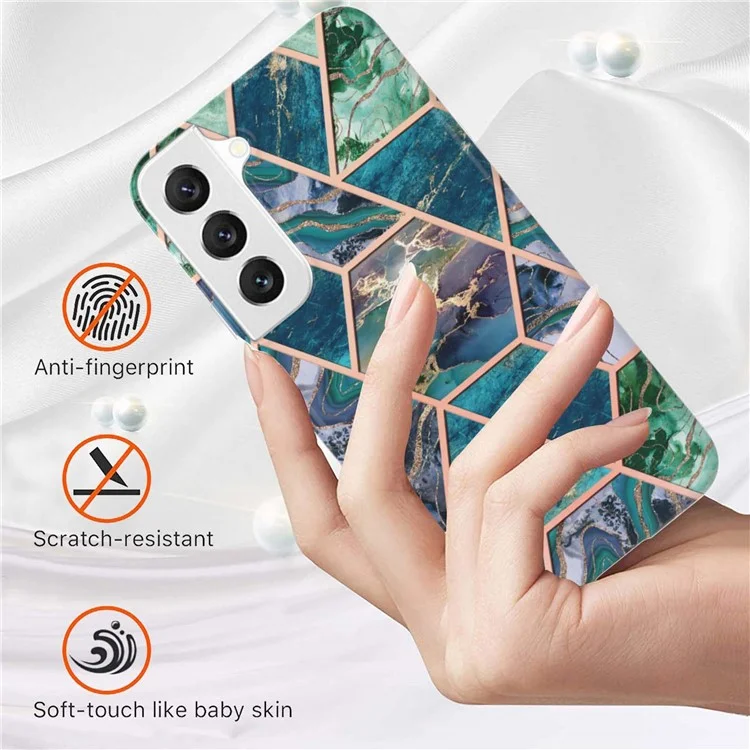 For Samsung Galaxy S23+ Case Splicing IMD Marble Pattern Electroplated TPU Back Cover - Blue / Green