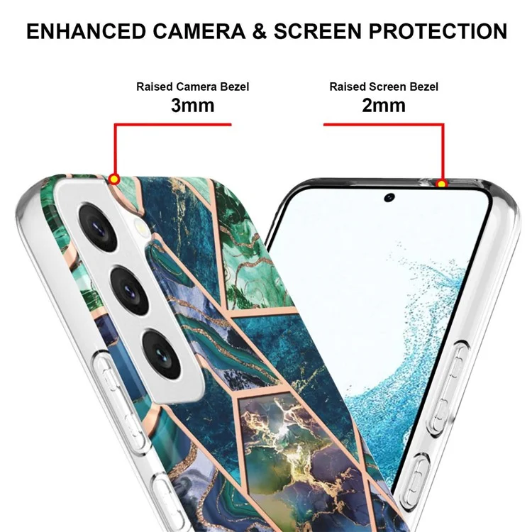 For Samsung Galaxy S23+ Case Splicing IMD Marble Pattern Electroplated TPU Back Cover - Blue / Green