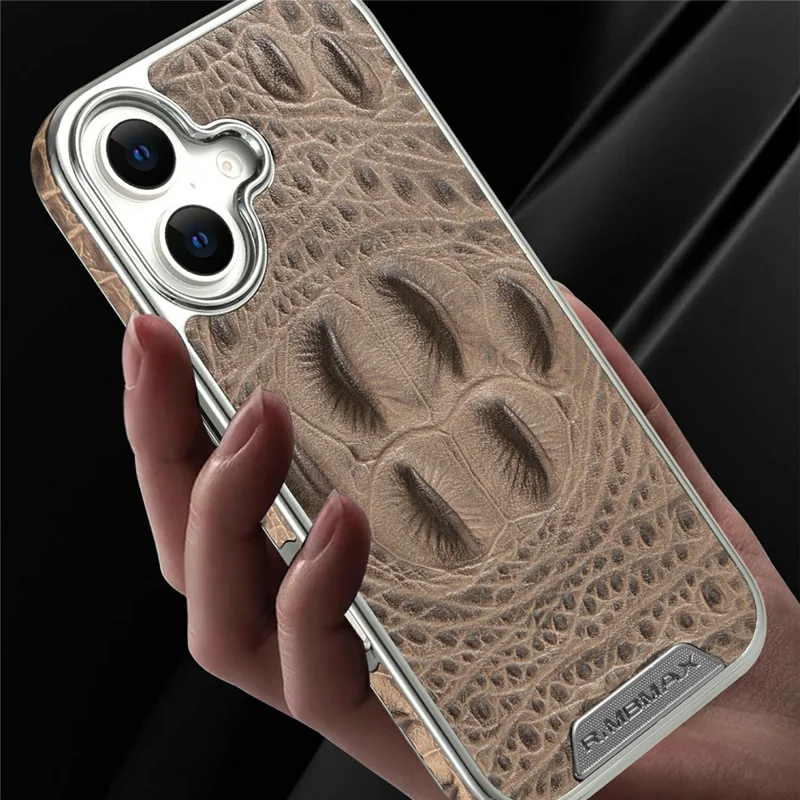 RMBMAX M2 for iPhone 17 Case Crocodile Pattern Genuine Cow Leather Shock-Absorbent Phone Back Cover - Brown