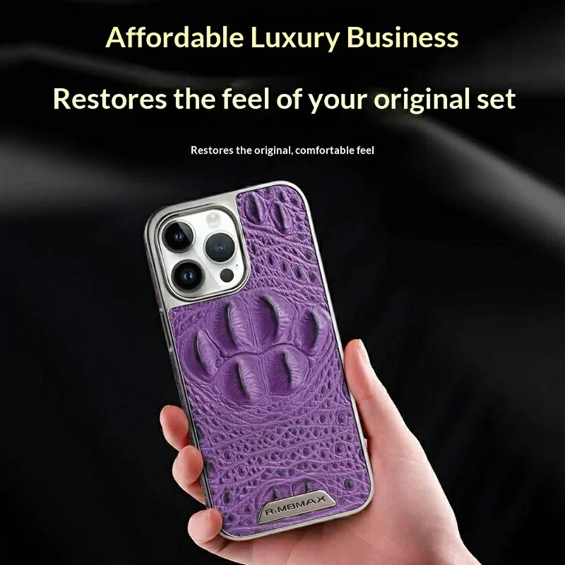 RMBMAX M2 for iPhone 13 Pro Max Case Crocodile Pattern Genuine Cow Leather Shock-Absorbent Phone Back Cover - Purple