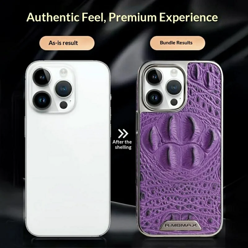 RMBMAX M2 for iPhone 13 Pro Case Crocodile Pattern Genuine Cow Leather Shock-Absorbent Phone Back Cover - Purple