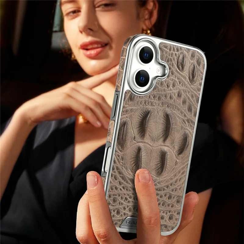 RMBMAX M2 for iPhone 16 Case Crocodile Pattern Genuine Cow Leather Shock-Absorbent Phone Back Cover - Brown