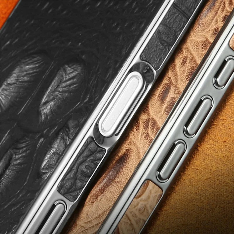 RMBMAX M2 for iPhone 16 Case Crocodile Pattern Genuine Cow Leather Shock-Absorbent Phone Back Cover - Brown