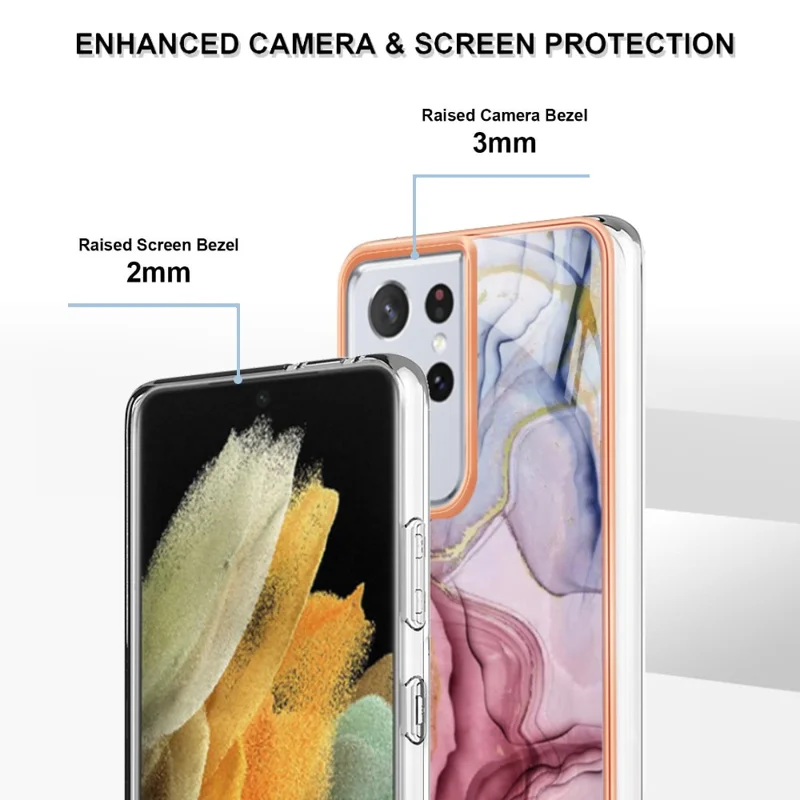 Beskyttende telefonbeskyttelse til Samsung Galaxy S21 Ultra 5G YB IMD-serie-16 stil E 2,0 mm IMD marmorstruktur med elektropladeramme i TPU tilbehør - Rosenød