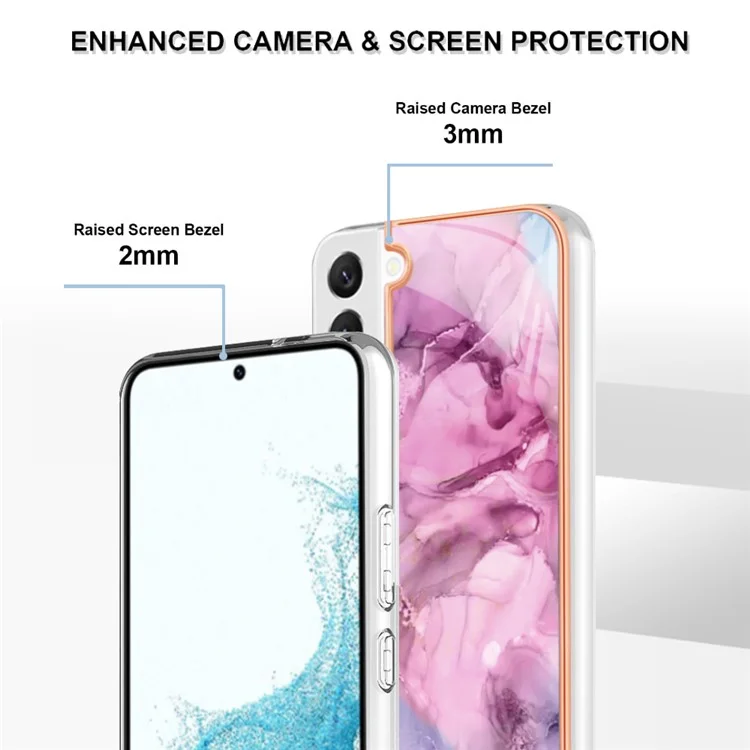 Для Samsung Galaxy S22 5G YB IMD Series-16 Style E Electroplating Frame TPU Cover 2.0mm IMD Marble Pattern Anti-scratch Cell Phone Case - Rose