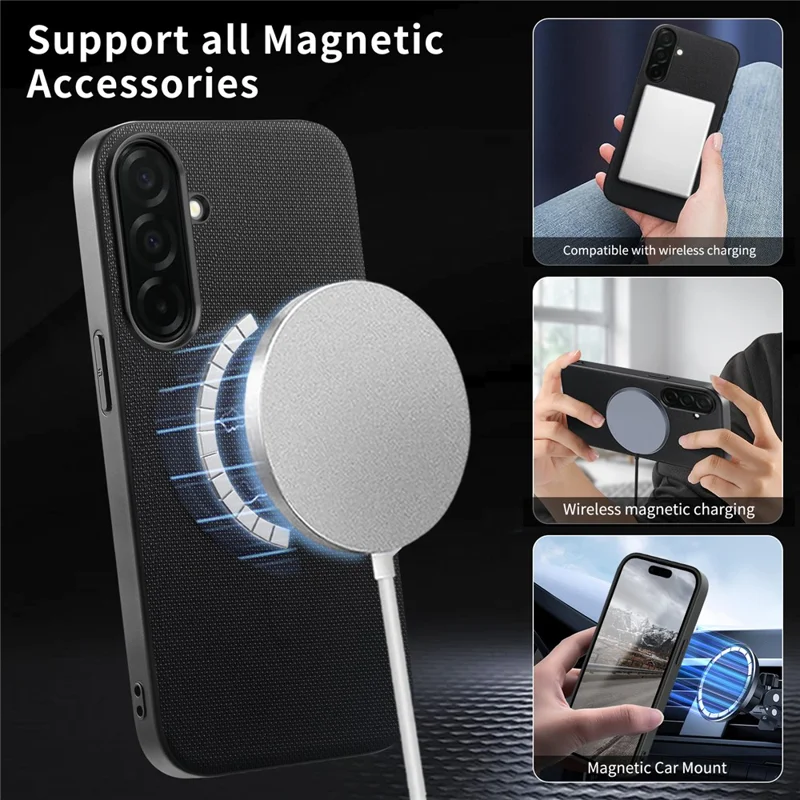 For Samsung Galaxy A55 5G Magnetic Case Fine Grid Texture Leather + PC + TPU Phone Cover - Black