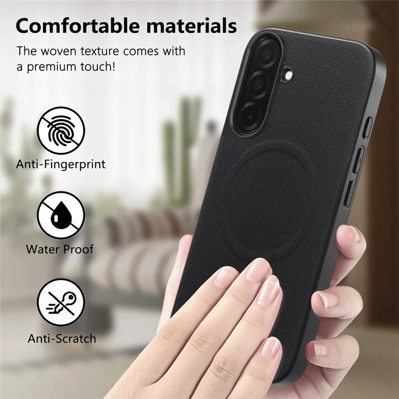 For Samsung Galaxy A55 5G Magnetic Case Fine Grid Texture Leather + PC + TPU Phone Cover - Black