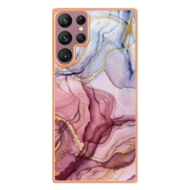 For Samsung Galaxy S22 Ultra 5G TPU-telebeskyttelse YB IMD-serie-16 stil E 2,0 mm elektropladeret marmorstruktur IMD beskyttende bagside - Rosenød