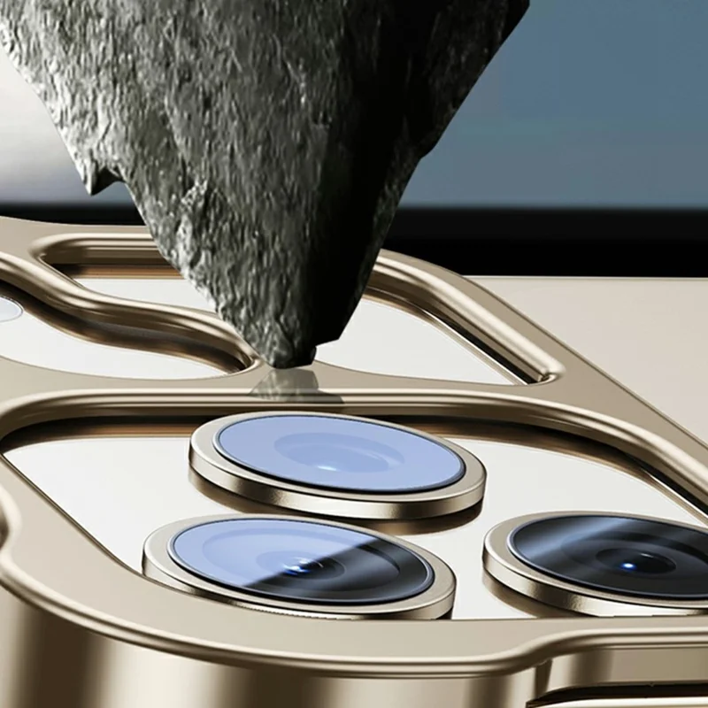 For iPhone 18 Pro Bumper Case Metal Frameless Shockproof Cover with Camera Lens Protector - Desert Gold