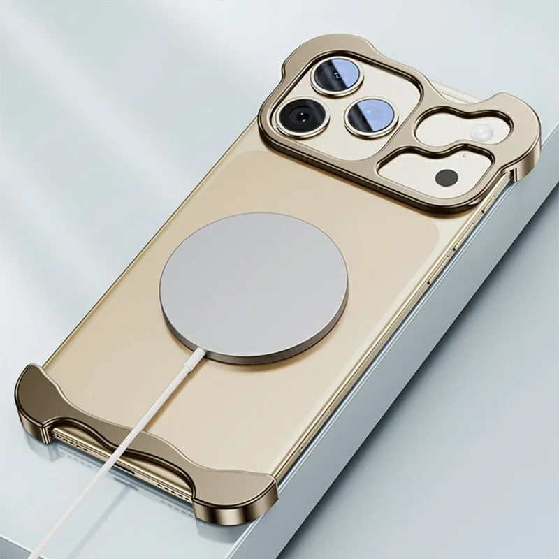 For iPhone 18 Pro Max Bumper Case Metal Frameless Shockproof Cover with Camera Lens Protector - Desert Gold