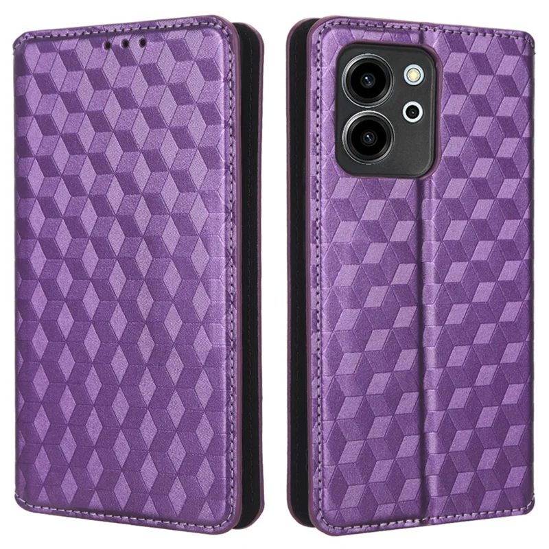 For Honor 80 SE 5G Shockproof PU Leather Flip Wallet Phone Case Rhombus Pattern Imprinted Magnetic Closure Stand Cover - Purple