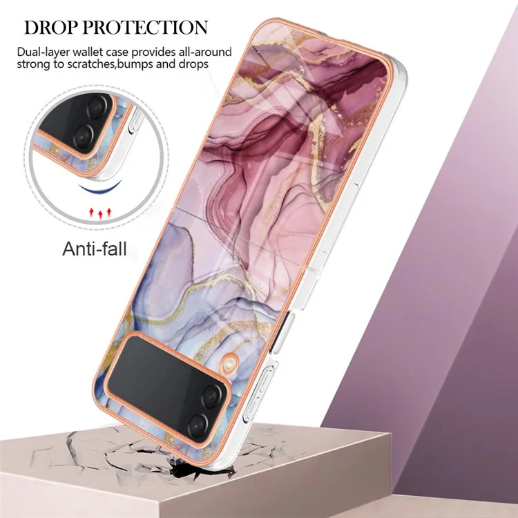 TPU Phone Case for Samsung Galaxy Z Flip4 5G Electroplating Anti-Drop Case YB IMD Series-16 Style E 2.0mm Marble Pattern IMD Back Cover - Rose Gold