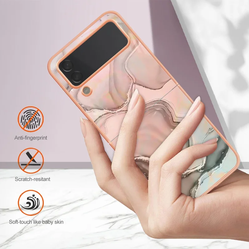 TPU Phone Case for Samsung Galaxy Z Flip4 5G Electroplating Anti-Drop Case YB IMD Series-16 Style E 2.0mm Marble Pattern IMD Back Cover - Pink