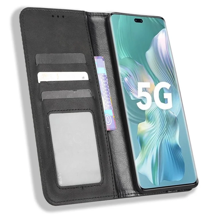 Per Honor 80 Pro 5G Case Cellulare Portafoglio Texture Retrò Modello Impronta PU Copertina di Telefono a Chiusura Automatica Magnetica - Nero