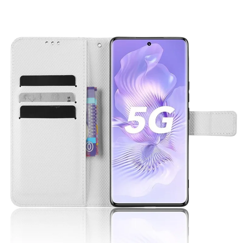 For Honor 80 5G Diamond Texture PU Leather Phone Case Foldable Stand Magnetic Clasp Wallet Cover - White