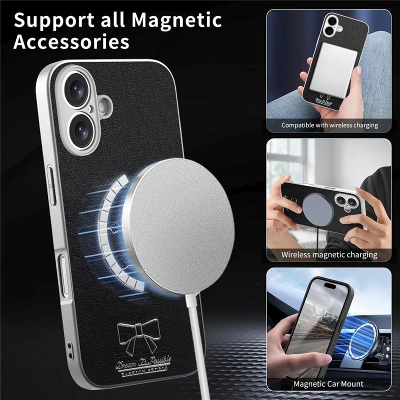 For iPhone 17 Magnetic Case Butterfly Bow Pattern PU Leather + TPU + PC Shockproof Phone Cover - Black