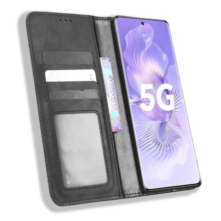 PU Leather Magnetic Auto Closing Telep Cover For Honor 80 5G, Billetera de Textura Retro - Negro