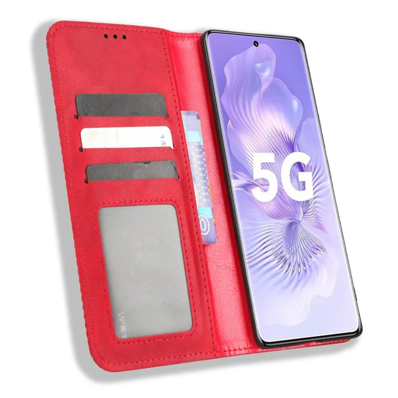 PU Leather Magnetic Auto Closing Phone Cover for Honor 80 5G, Wallet Retro Texture Phone Case Imprinted Pattern Phone Shell - Red