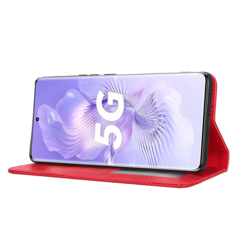 PU Leather Magnetic Auto Closing Phone Cover for Honor 80 5G, Wallet Retro Texture Phone Case Imprinted Pattern Phone Shell - Red