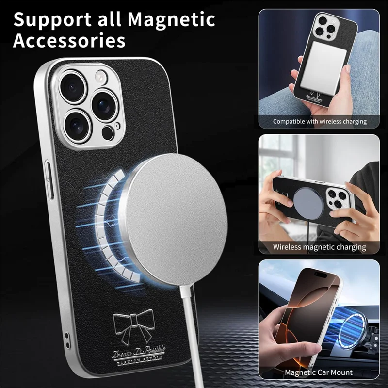 For iPhone 13 Pro Max Magnetic Case Butterfly Bow Pattern PU Leather + TPU + PC Shockproof Phone Cover - Black