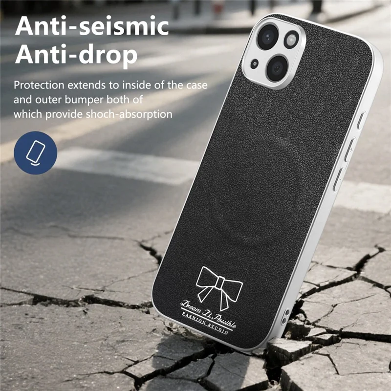For iPhone 13 Magnetic Case Butterfly Bow Pattern PU Leather + TPU + PC Shockproof Phone Cover - Black