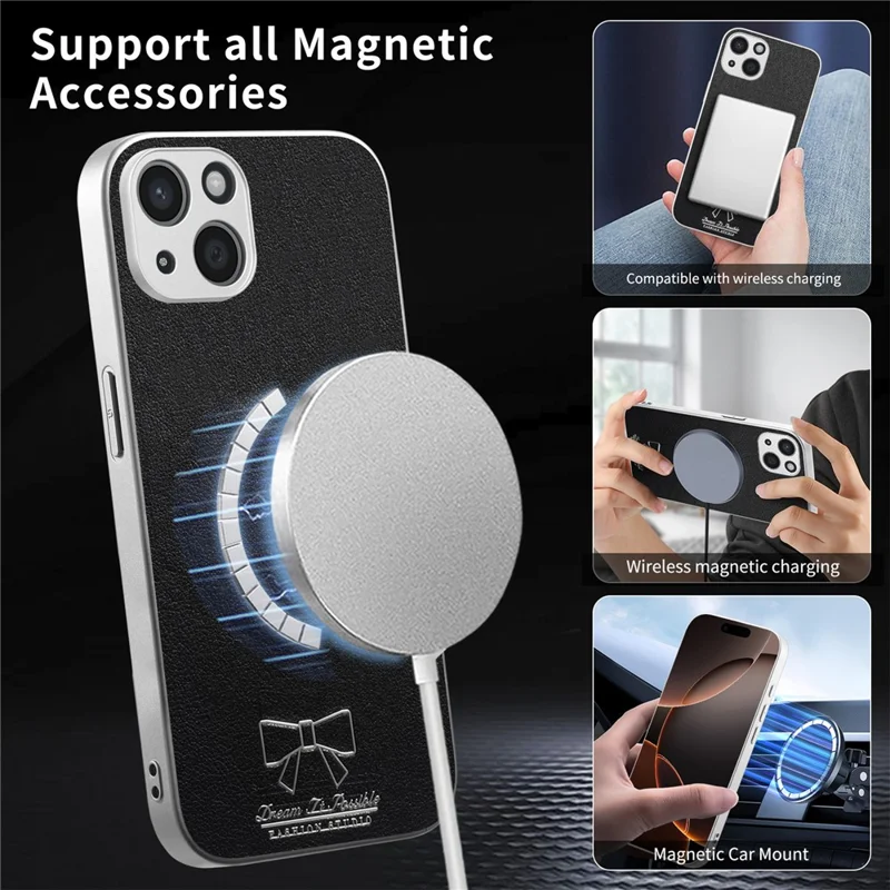 For iPhone 13 Magnetic Case Butterfly Bow Pattern PU Leather + TPU + PC Shockproof Phone Cover - Black
