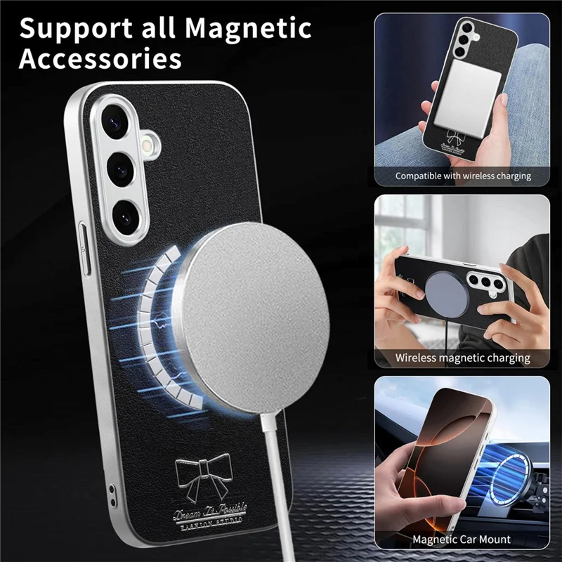 For Samsung Galaxy A16 5G / A16 4G Magnetic Case Bow Pattern PU Leather + TPU + PC Shockproof Phone Cover - Black
