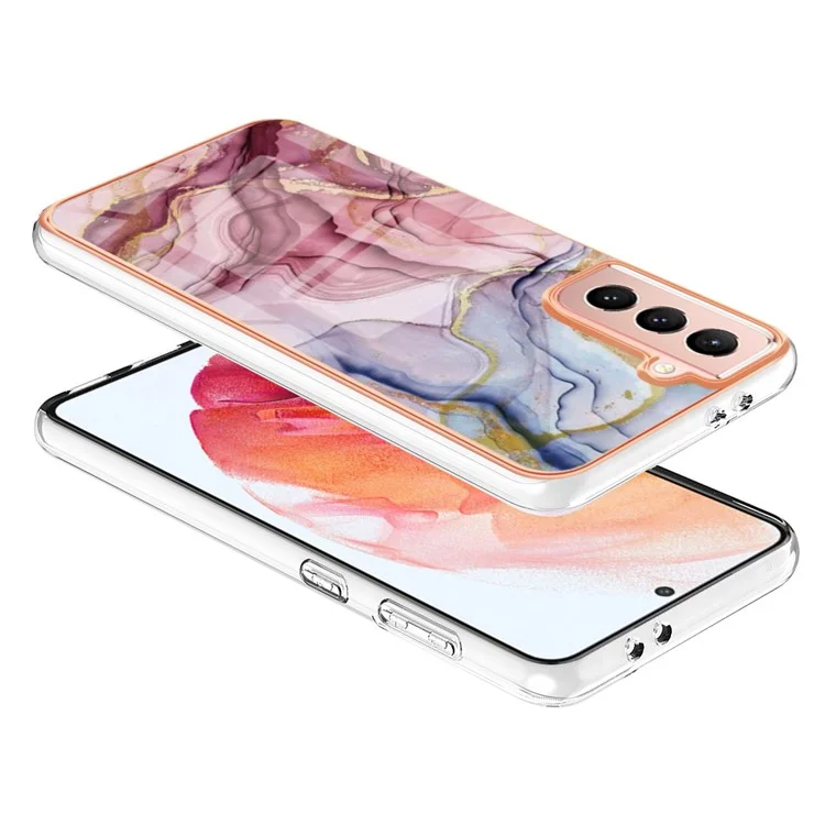 For Samsung Galaxy S21 5G / 4G Anti-Fall TPU Back Cover YB IMD Series-16 Style E 2.0mm Marble Pattern IMD Electroplating Protective Phone Case - Rose Gold