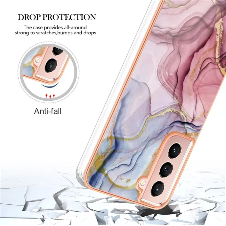 For Samsung Galaxy S21 5G / 4G Anti-Fall TPU Back Cover YB IMD Series-16 Style E 2.0mm Marble Pattern IMD Electroplating Protective Phone Case - Rose Gold