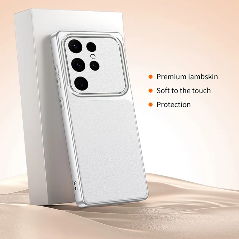 For Samsung Galaxy S23 Ultra Phone Case Lambskin Texture PC TPU PU Leather Shockproof Protective Cover - White