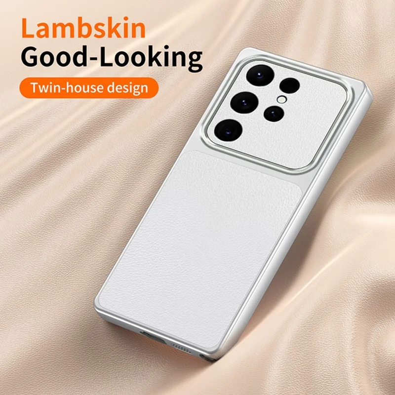 For Samsung Galaxy S23 Ultra Phone Case Lambskin Texture PC TPU PU Leather Shockproof Protective Cover - White