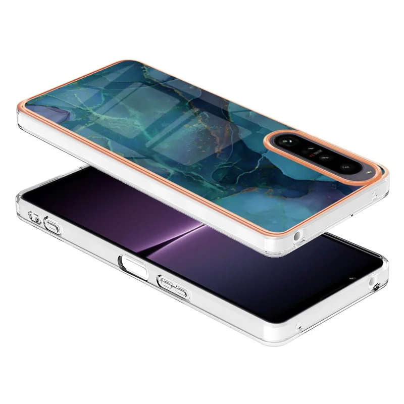 Electroplating Phone Case for Sony Xperia 1 IV 5G Anti-Drop TPU Cover YB IMD Series-16 Style E 2.0mm Marble Pattern IMD Back Case - Green