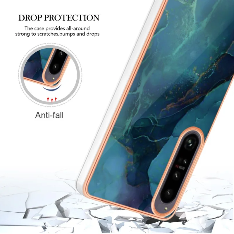 Electroplating Phone Case for Sony Xperia 1 IV 5G Anti-Drop TPU Cover YB IMD Series-16 Style E 2.0mm Marble Pattern IMD Back Case - Green