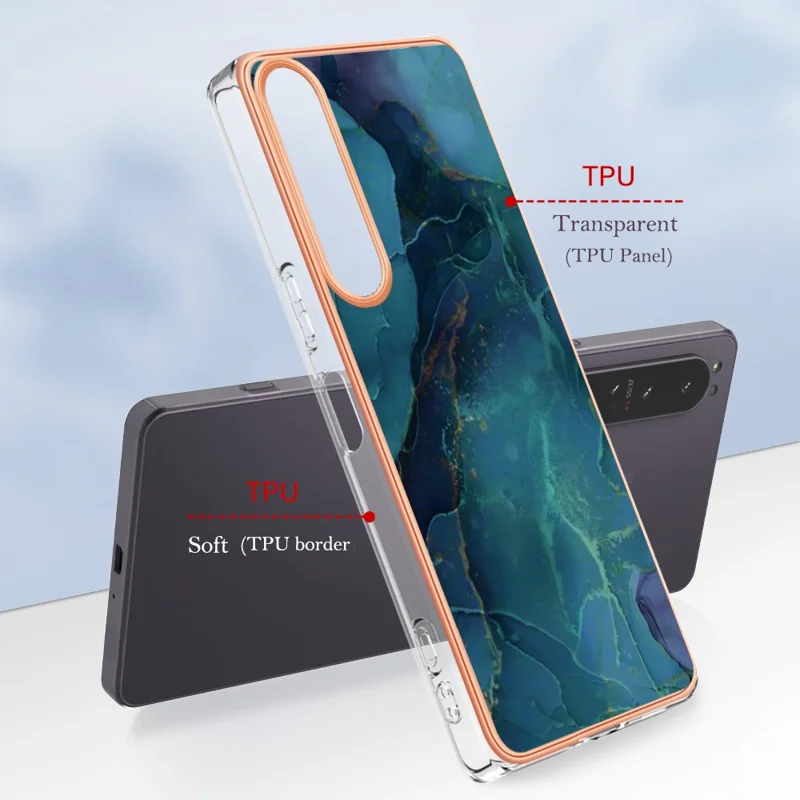 Electroplating Phone Case for Sony Xperia 1 IV 5G Anti-Drop TPU Cover YB IMD Series-16 Style E 2.0mm Marble Pattern IMD Back Case - Green